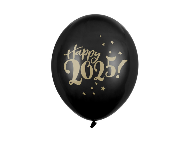 Balony 12" nadruk "Happy 2025" czarne 6 sztuk