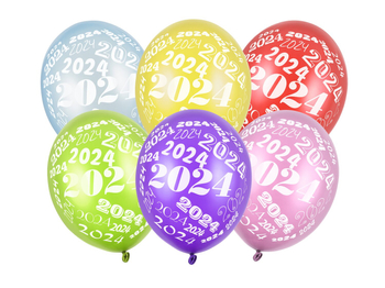 Balony 12" nadruk "2024" kolor mix 6 sztuk